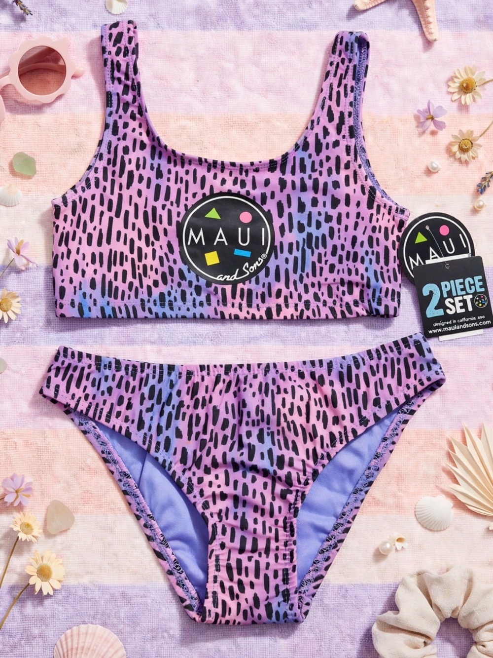 Maui and Sons Girls' Pink Purple Black Print Two-Piece Swim Set